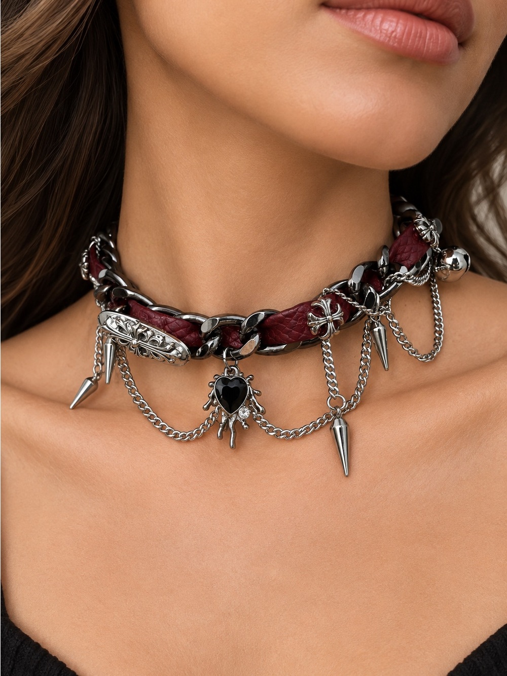 Edgy Women's Burgundy Braided Chain Choker Necklace with Black Heart Pendant